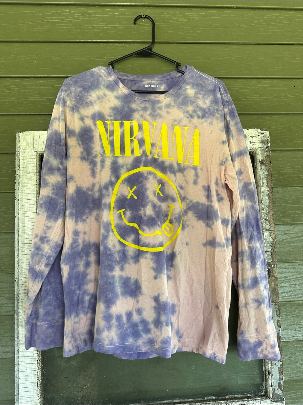 Old Navy Purple and Beige Tie-Dye Nirvana Graphic Long Sleeve Tee